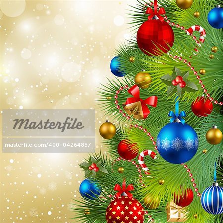 christmas background with red, golden and blue baubles on christmas tree
