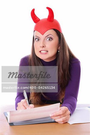devil girl is signs a contract for the soul. Isolated at white background