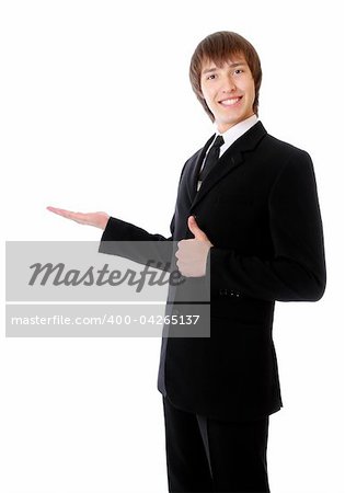 man is presenting an a something. Isolated at white background