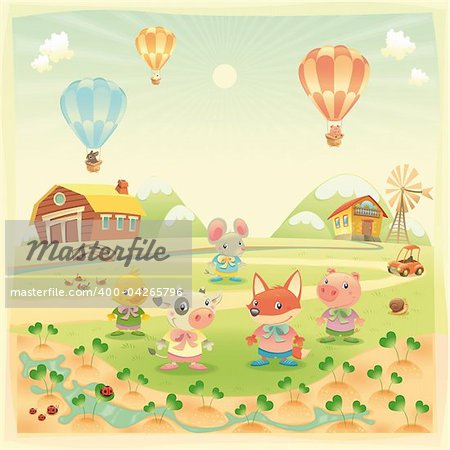 Baby farm animals in the countryside. Funny cartoon and vector illustration, isolated objects.