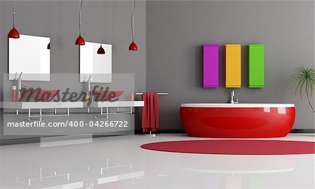 modern black and red bathroom with sink and bathtub