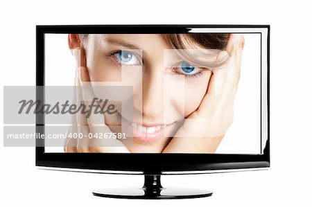 Modern HD TV showing a beautiful young woman smiling.