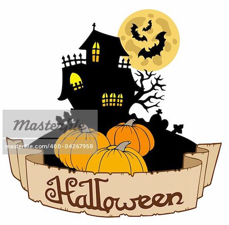 Haunted house with Halloween banner - vector illustration.