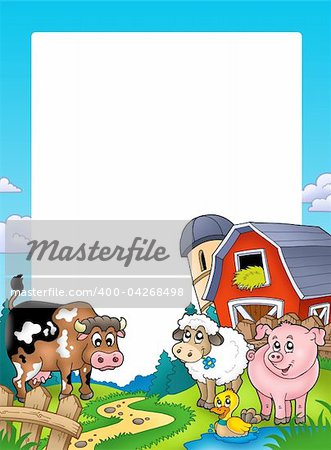 Frame with barn and farm animals - color illustration.