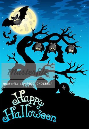 Happy Halloween sign with bats - color illustration.