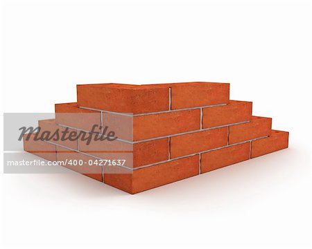Corner of wall made from orange bricks isolated on white background