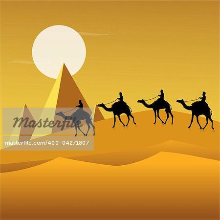 illustration of tourists on camels in desert