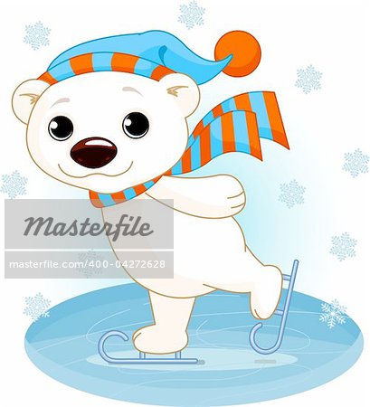 Illustration of cute polar bear on ice skates