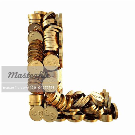 alphabet from the golden coins. isolated on white. including clipping path.
