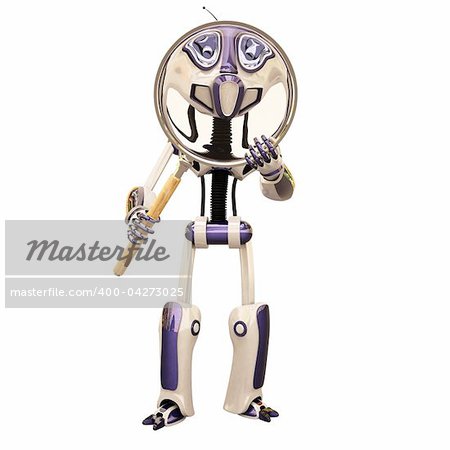 robot looks through a magnifying glass. 3D image.