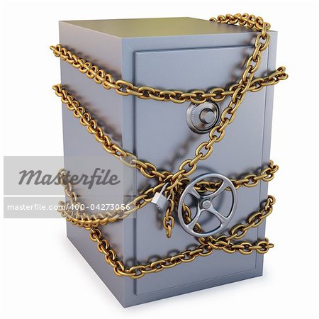 Safe clad in gold chain with a lock. isolated on white. with clipping path.