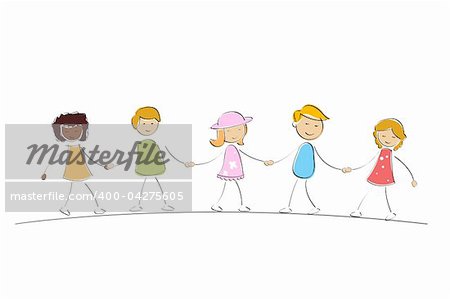 illustration of multi racial kids holding hands on isolated background