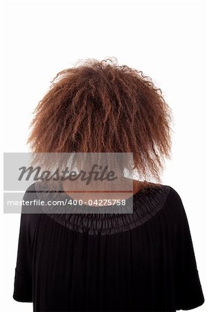 young black woman seen from behind,  isolated on white background. Studio shot