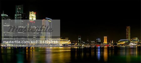 Singapore City Skyline by the River at Night Panorama