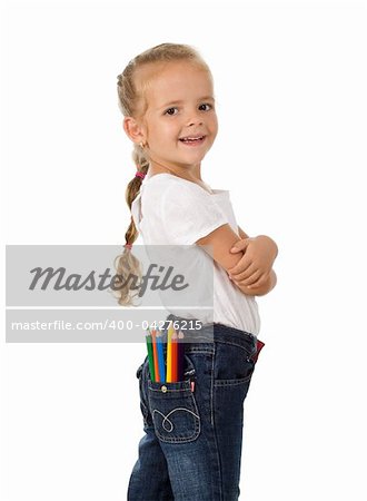 Little proud girl with pencils in her pocket ready for school - isolated