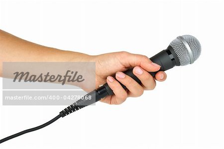 Hand holding microphone  isolated on the white background