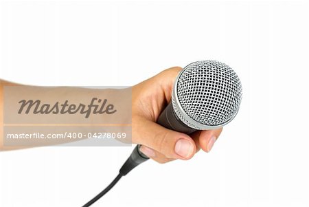 Hand hold microphone  isolated on the white background