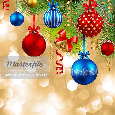 christmas background with baubles and christmas tree