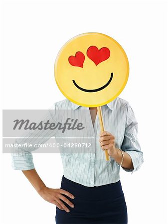 adult business woman holding emoticon with red hearts on white background. Vertical shape, front view, waist up