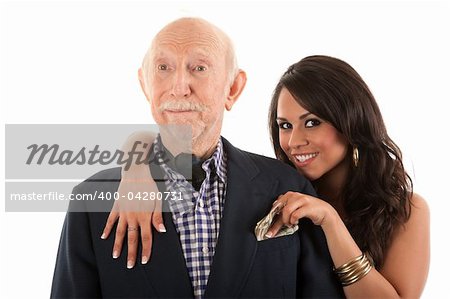 Rich elderly man with Hispanic gold-digger companion or wife
