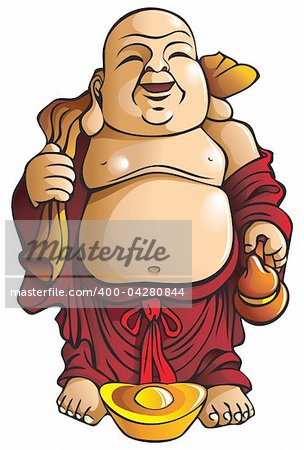 Laughing Buddha with huge belly, sack and gold ingot, traditional Chinese god, vector illustration