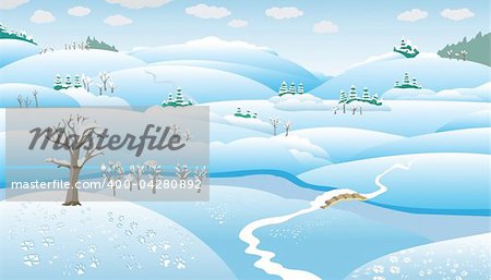 Cartoon winter Landscape, hills, trees and the river on the plain, snow-covered, vector illustration