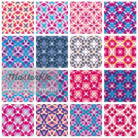 Retro tiles set, seamless patterns, various, bright color, geometric backgrounds