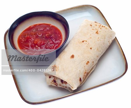 Delicious Burrito with Salsa Isolated on White with a Clipping Path.