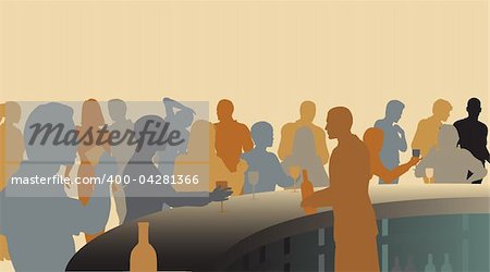 Toned editable vector silhouettes of people in a wine bar