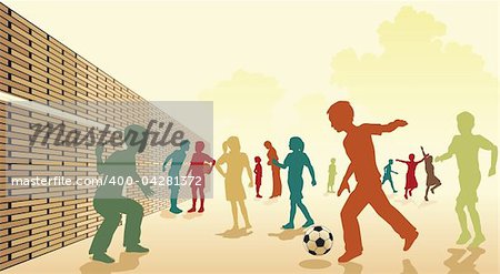 Editable vector colorful illustration of children playing football in a playground