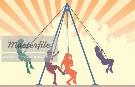 Colorful editable vector silhouettes of children on playground swings with sky background