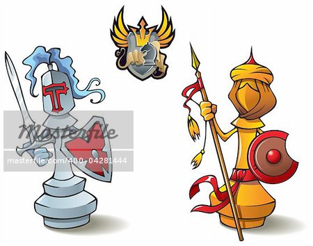 Chess pieces series, black and white bishops, Crusaders vs. Saracens, including bonus “Chess Battle” heraldic emblem, vector illustration
