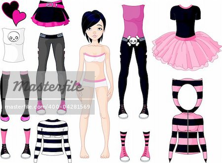 Paper Doll with different dresses .  Emo stile