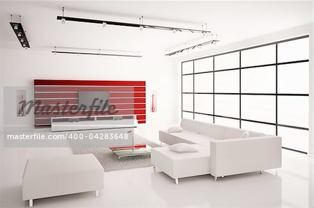 Modern Living room in white red interior 3d render