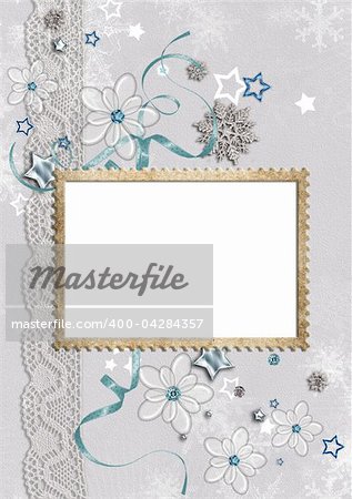 Winter framework for invitations or photo with glass snowflakes, stars and ribbon  (1 of set)