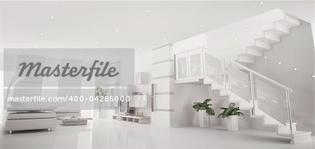 White modern apartment with staircase interior panorama 3d render