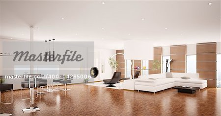 Interior of modern apartment living room panorama 3d render