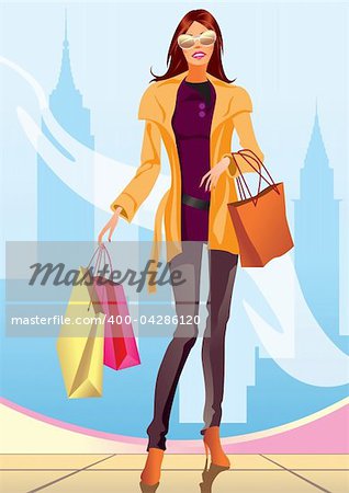 fashion shopping girl with shopping bag in New York- vector illustration