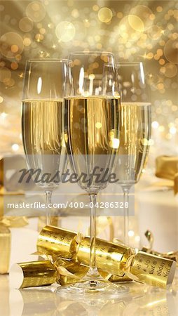 Glasses of champagne and gifts for new years celebrations