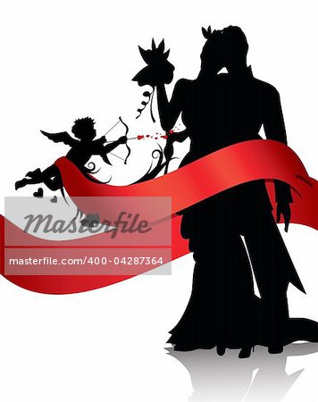 Silhouettes of couple and cupid with red banner isolated on white background.You can find similar images in portfolio