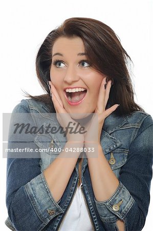 Expressions. Happy smiling casual woman having surprised. isolated on white background