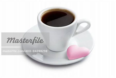 Cup of coffee with pink heart shape cookie. Isolated with clipping path on white background