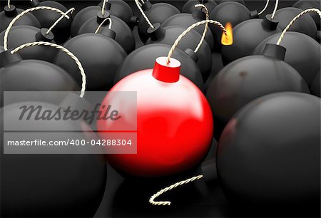 One red burning bomb among of black bombs