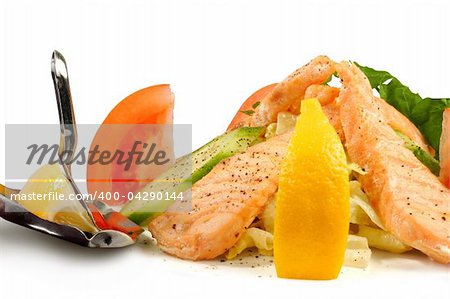 Salmon with vegetables isolated on white