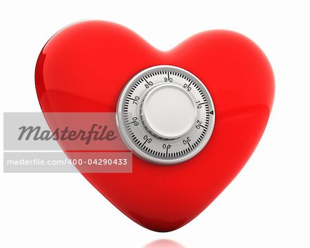 Red heart with a numeric safe lock isolated on white background