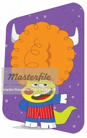 Big orange affro retro dog with pig hand and feet, alien monster in a stretchy outfit for dance.