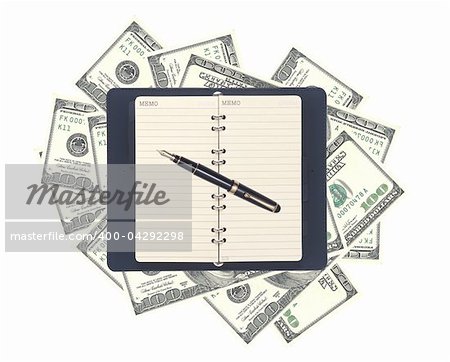 American dollars and opened notebook with pen isolated on white