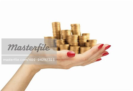 woman handful of coins isolated on white background