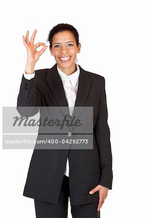 Happy woman shows with fingers a circle. Isolated on white background.