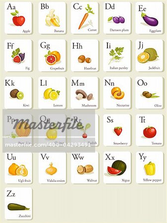 Fruits and vegetables  alphabet cards , illustration